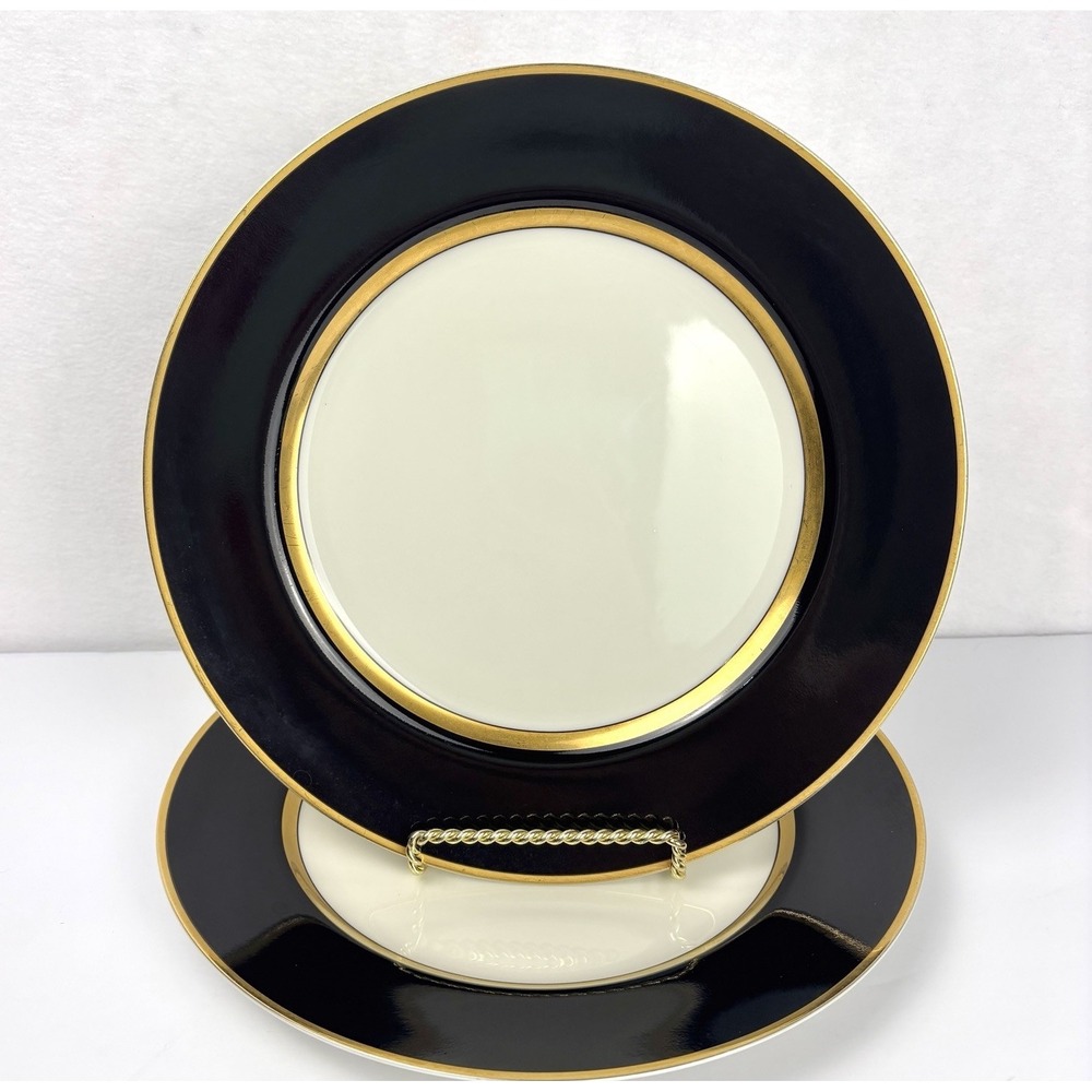 Fitz & Floyd Renaissance Black On White Gold Trim Dinner Plates 10” Set of 2 VTG
